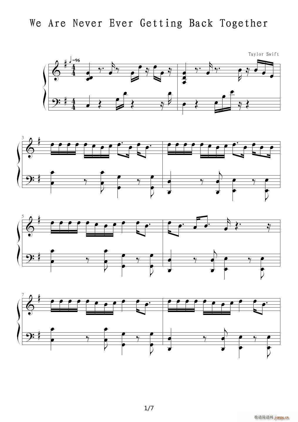 We Are Never Ever Getting Back G调(钢琴谱)1