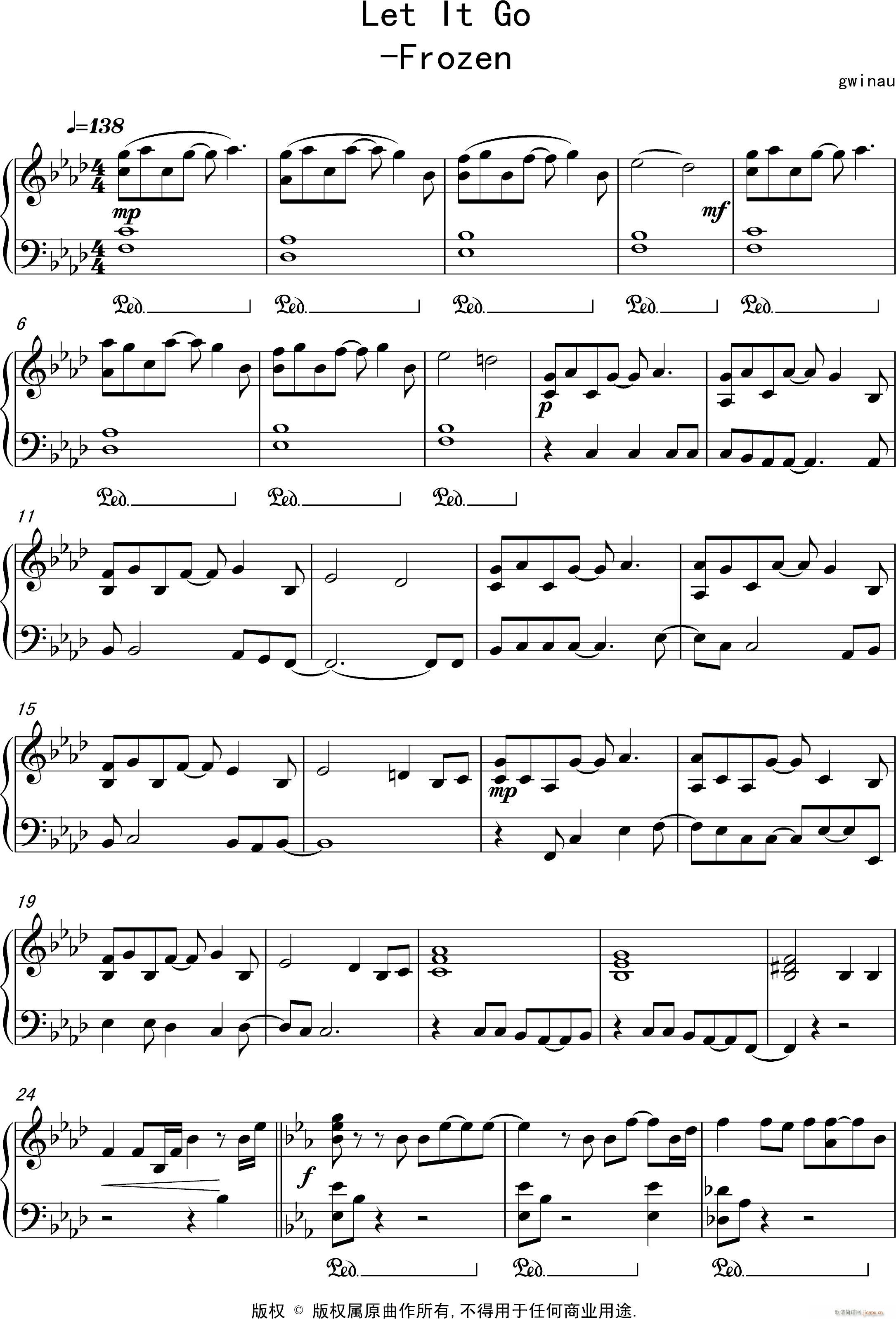 let it go 冰雪奇缘主题曲(钢琴谱)1