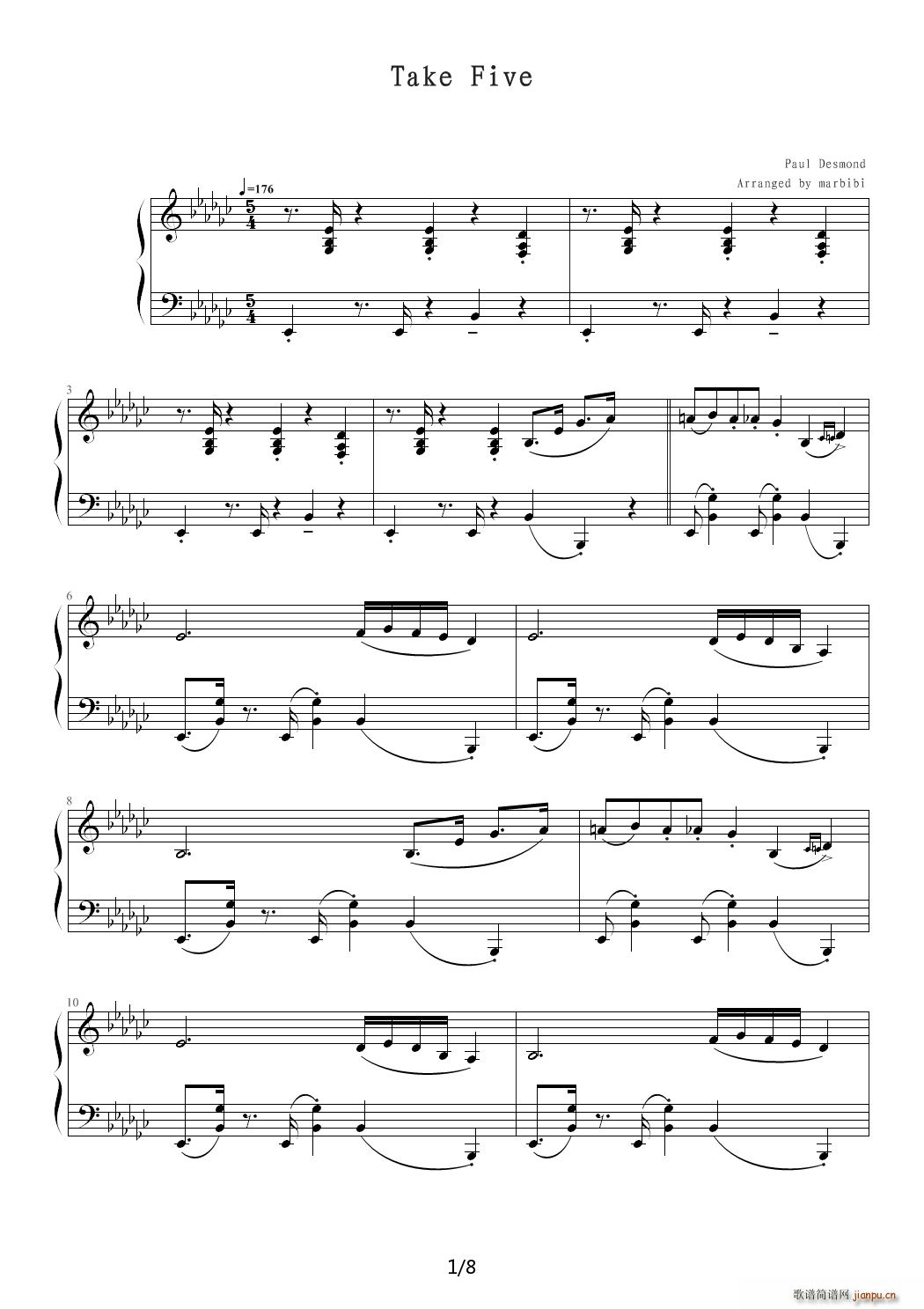 舒服的爵士钢琴曲Take Five(钢琴谱)1