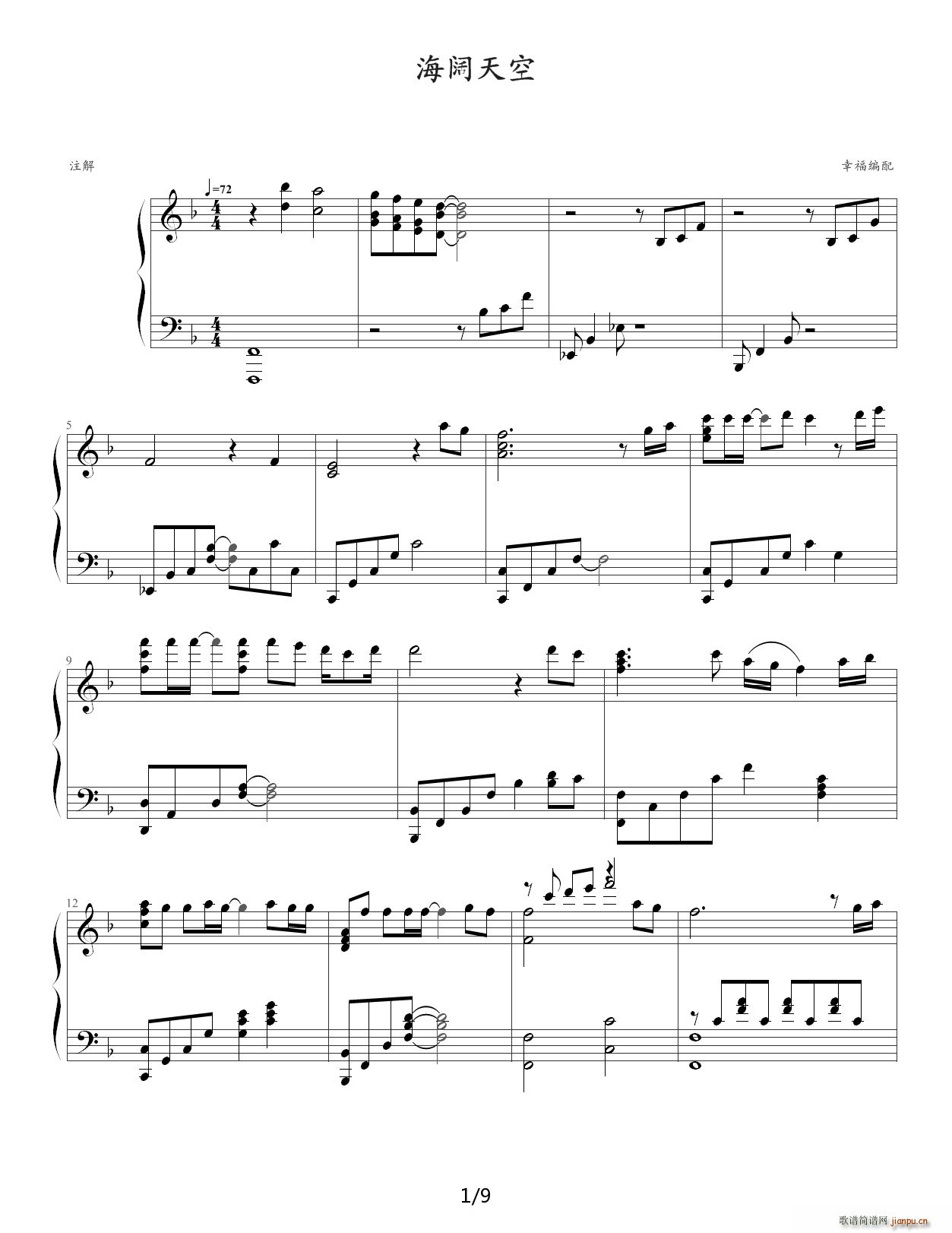 海阔天空 演奏版 F调(钢琴谱)1