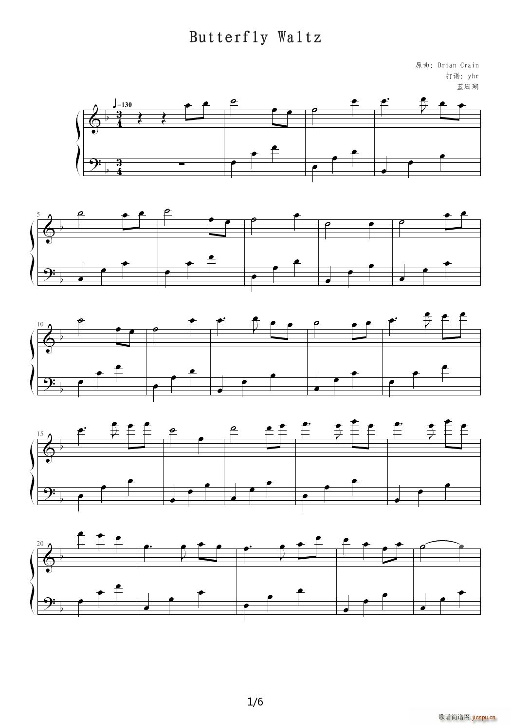 Brian Crain 的 Butterfly Waltz(钢琴谱)1
