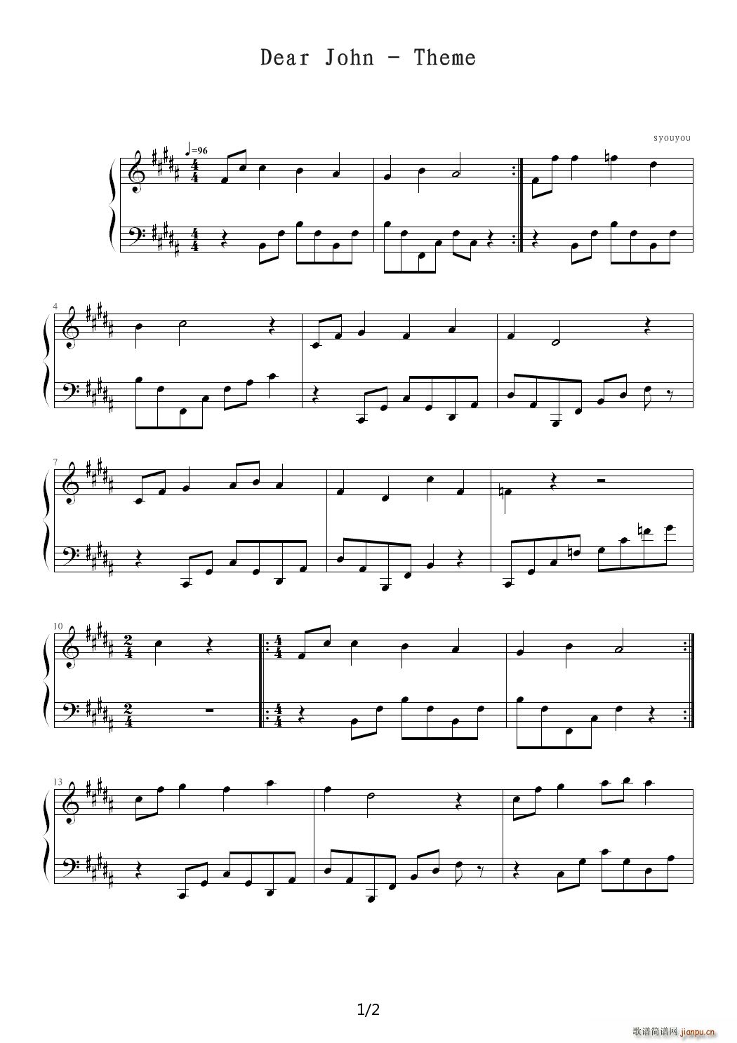 Dear John Theme B调(钢琴谱)1