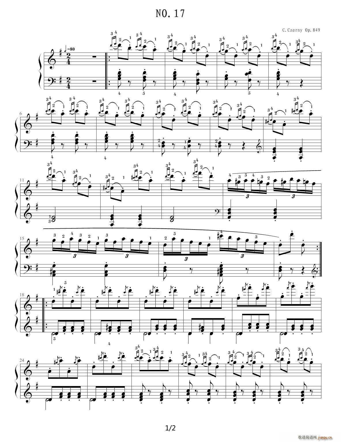车尔尼849练习曲 钢琴流畅练习曲 NO 17 G调(钢琴谱)1