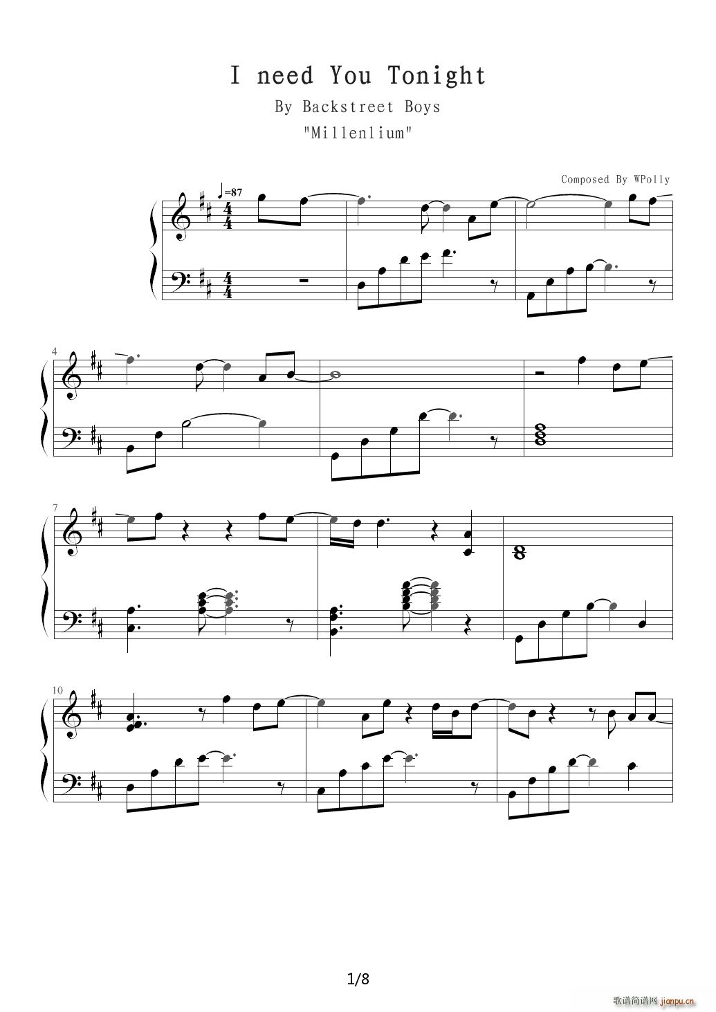 I need you tonight D调(钢琴谱)1