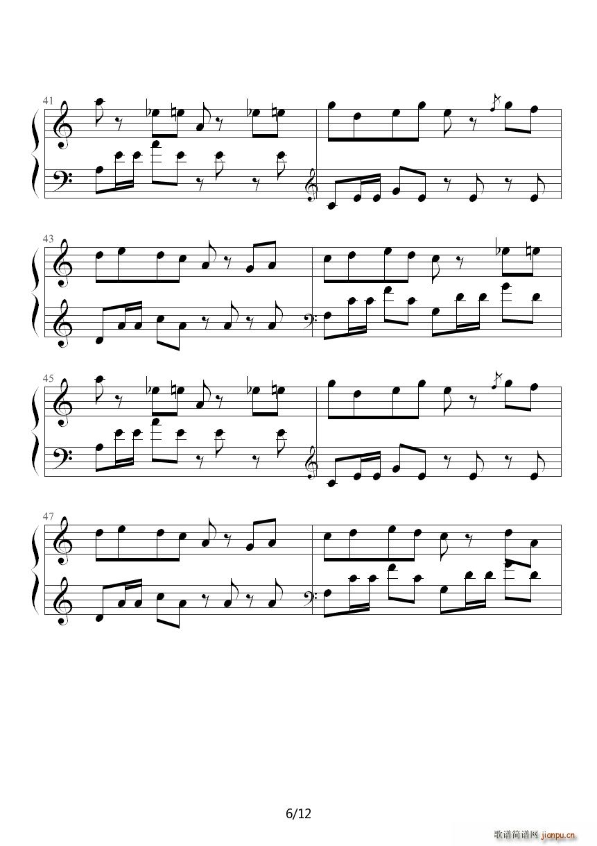 植物大战僵尸背景音乐屋顶白天(钢琴谱)6