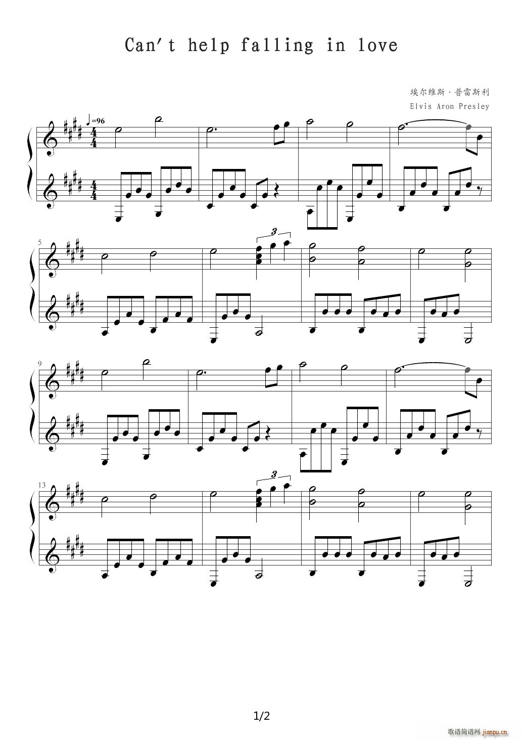 Cant help falling in love E调(钢琴谱)1