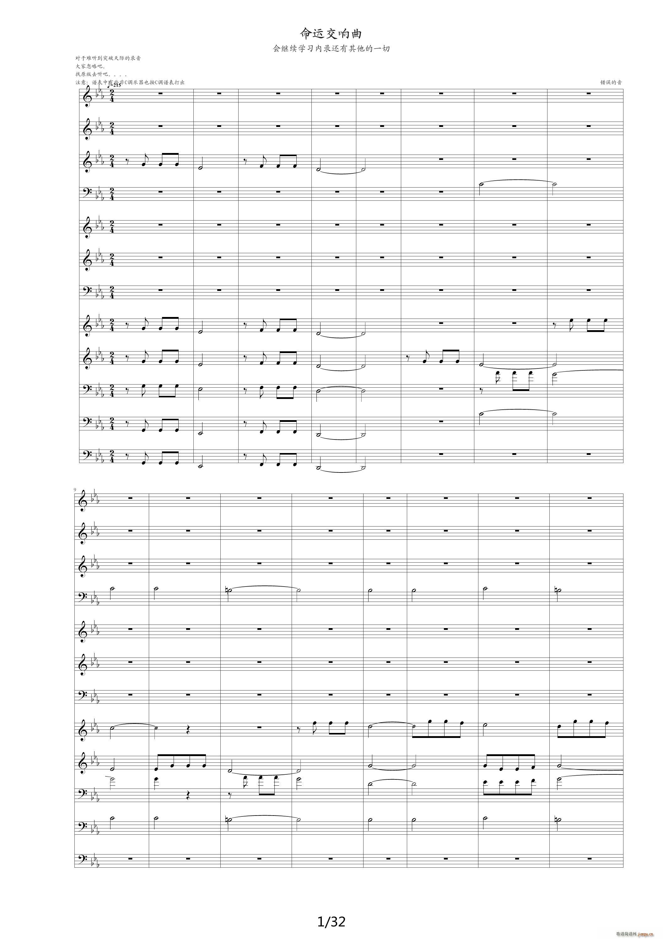 命运交响曲 潦草 降E调(钢琴谱)1