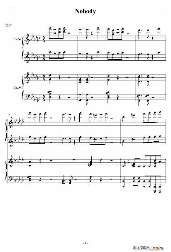 Nobody 双钢琴版(钢琴谱)1