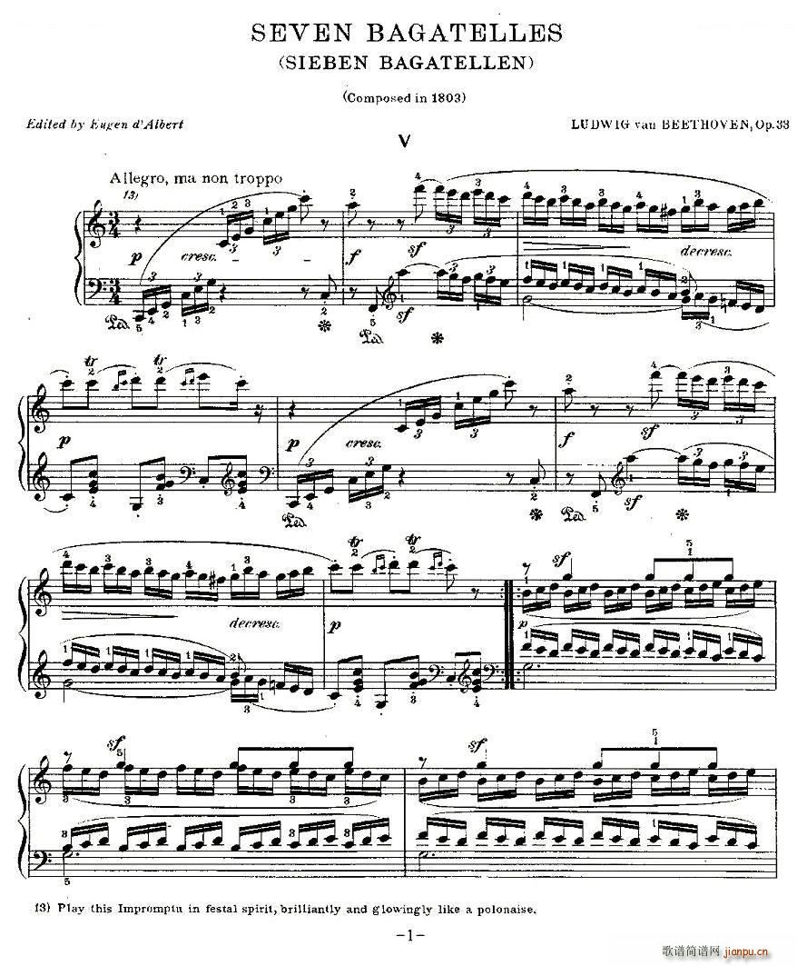 贝多芬钢琴小品 Bagatelles Op 33 之五(钢琴谱)1