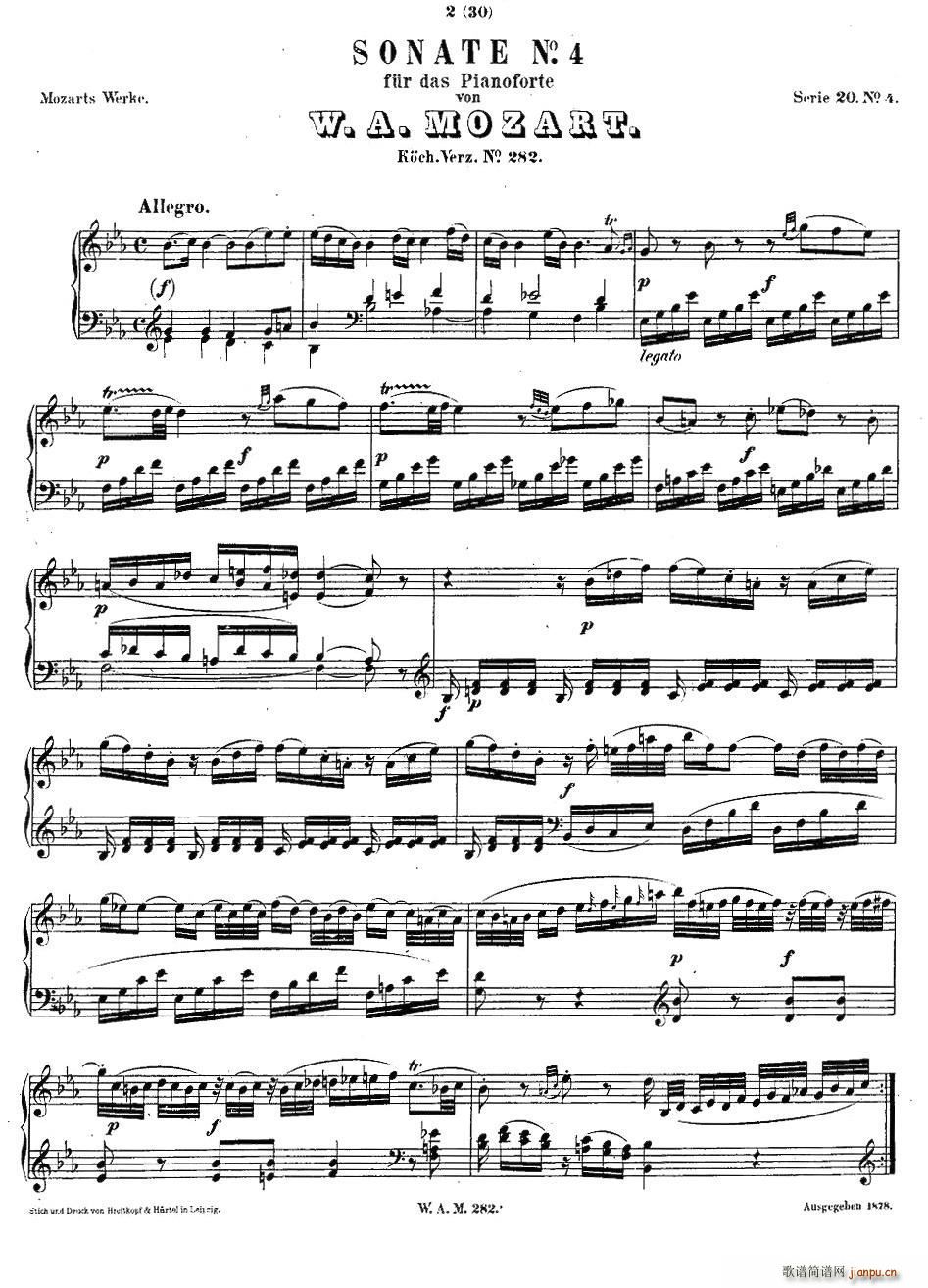降E大调第四钢琴奏鸣曲 KV 282(钢琴谱)1