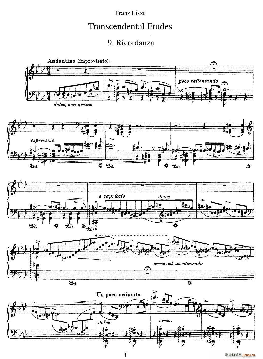 12首超级技巧练习曲 Ricordanza 回忆(钢琴谱)1