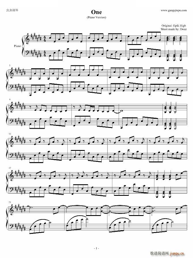 One Piano Version(钢琴谱)1