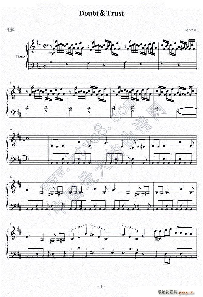 驱魔少年op3 Doubt Trust(钢琴谱)1