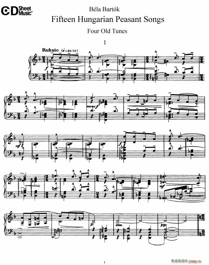 Bartok SZ 71 Fifteen Hungarian Peasant Songs Piano(钢琴谱)1