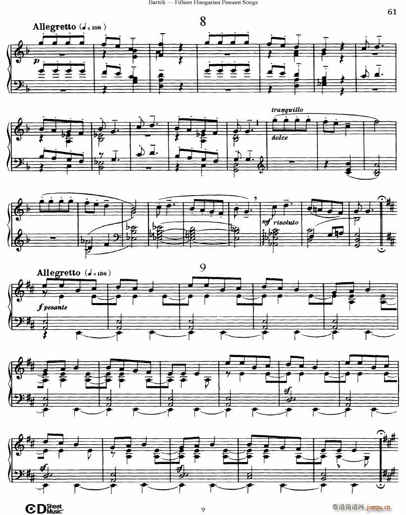 Bartok SZ 71 Fifteen Hungarian Peasant Songs Piano(钢琴谱)9