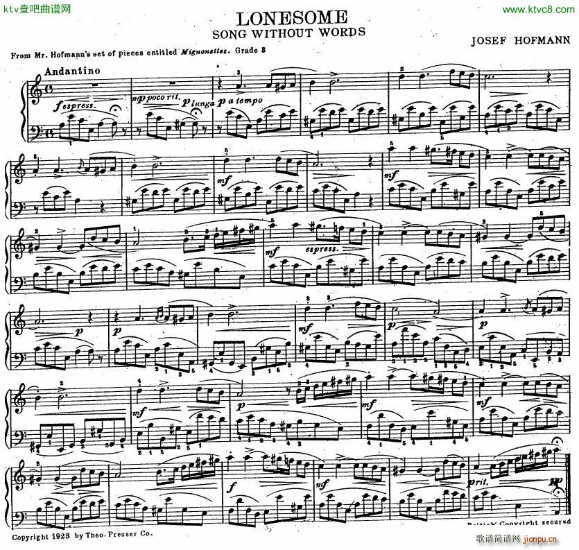 hofmann lonesome(钢琴谱)1