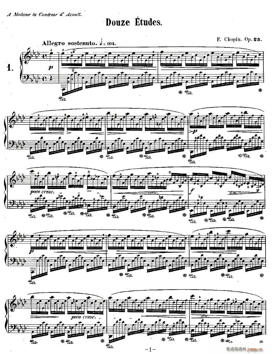 肖邦钢琴练习曲，Op.25之一(钢琴谱)1