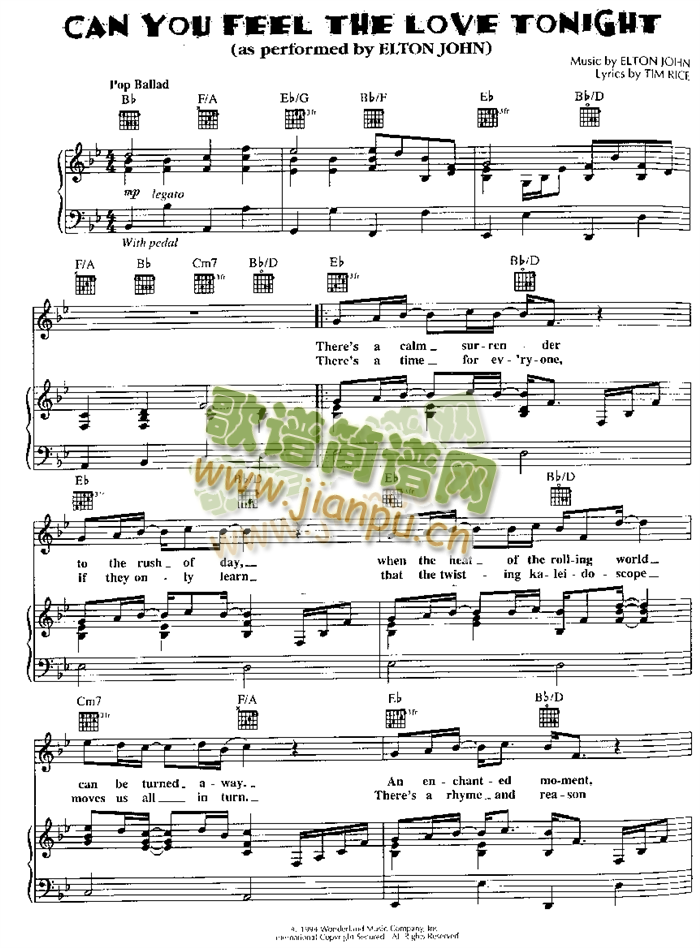 狮子王I主题曲Canyoufeelthelovetonight(钢琴谱)1