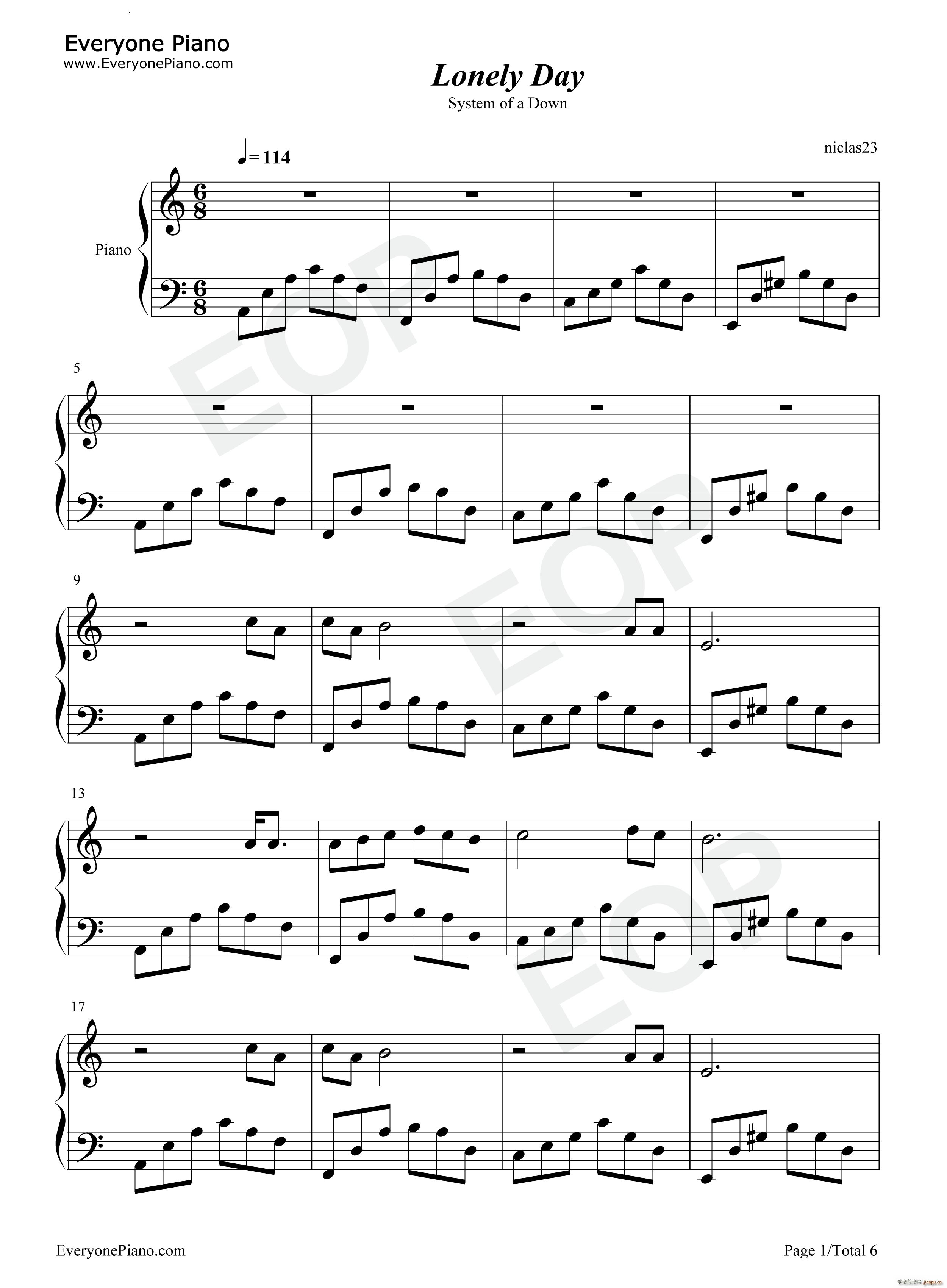 Lonely Day(钢琴谱)1