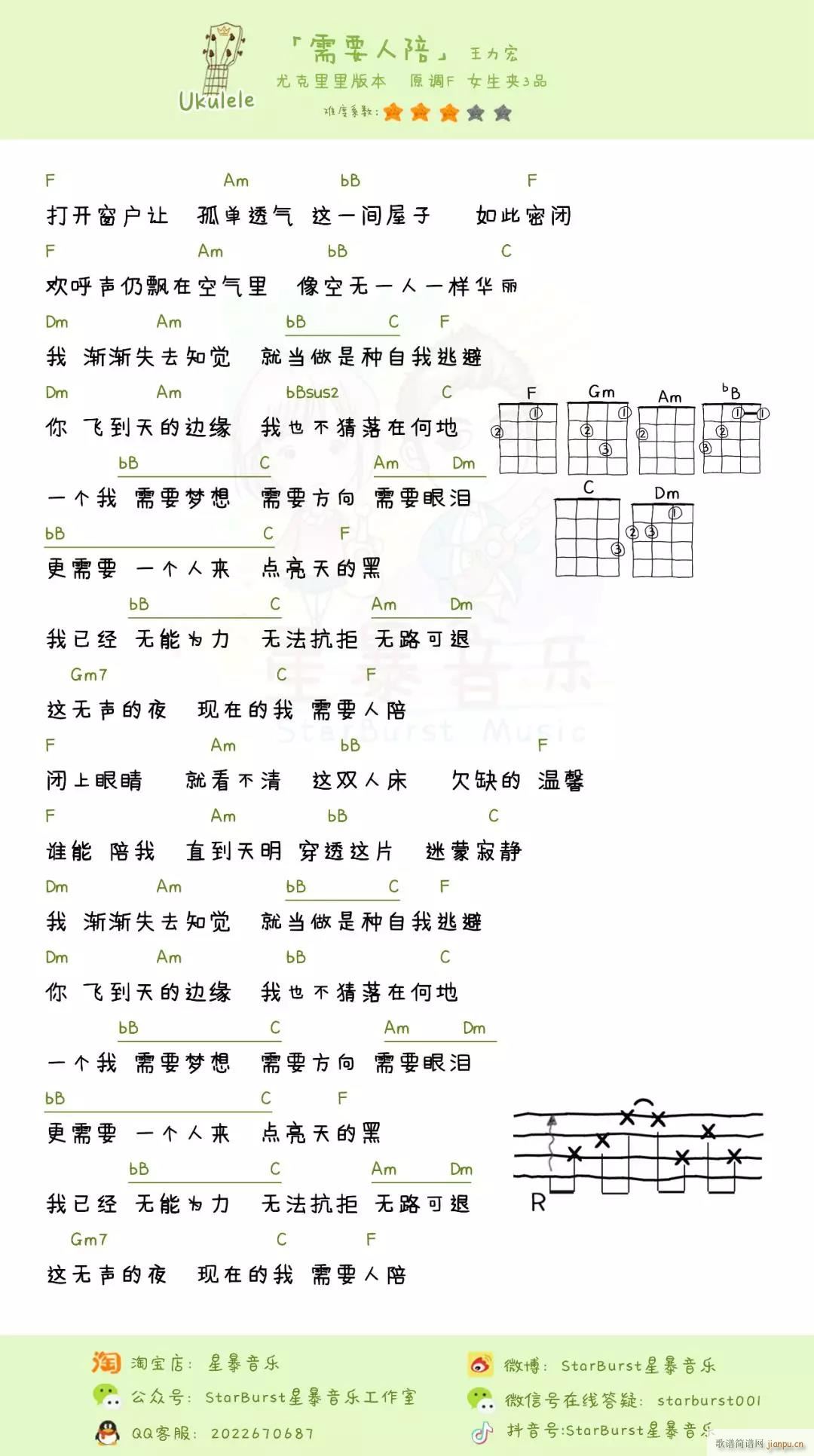 需要人陪尤克里里谱 F调尤克里里弹唱谱(十字及以上)1