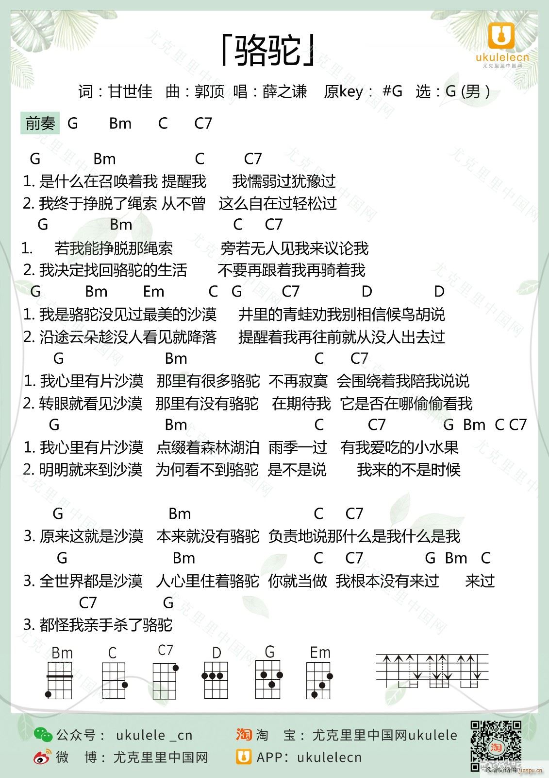 骆驼尤克里里谱 G调简单版(十字及以上)1