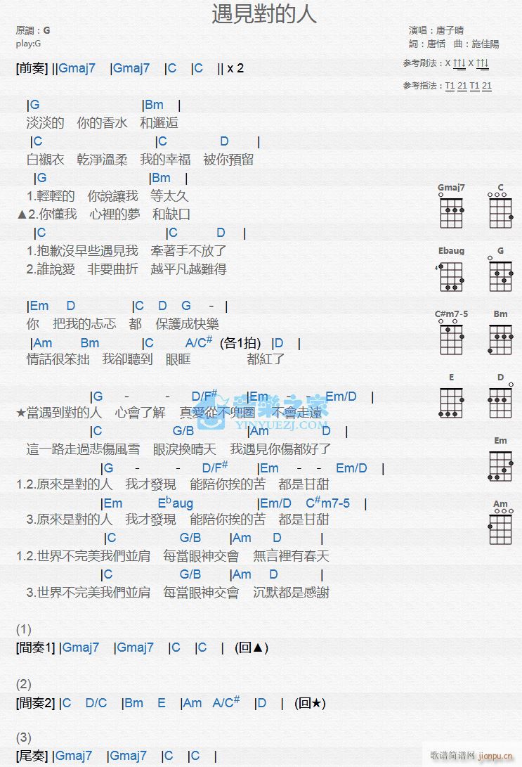 遇见对的人尤克里里谱 G调尤克里里弹唱谱(十字及以上)1