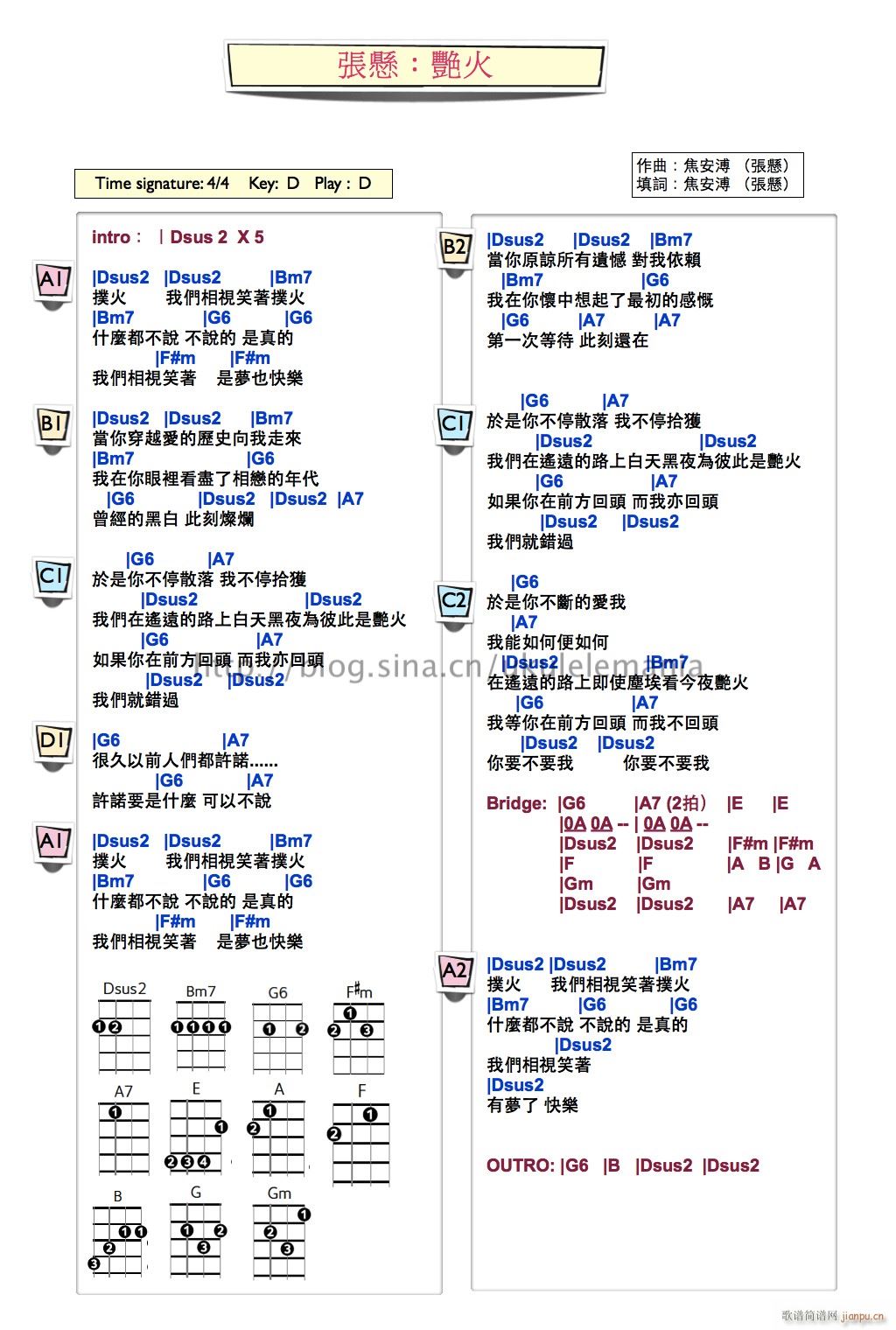 艳火尤克里里谱 D调 艳火尤克里里弹唱谱(十字及以上)1