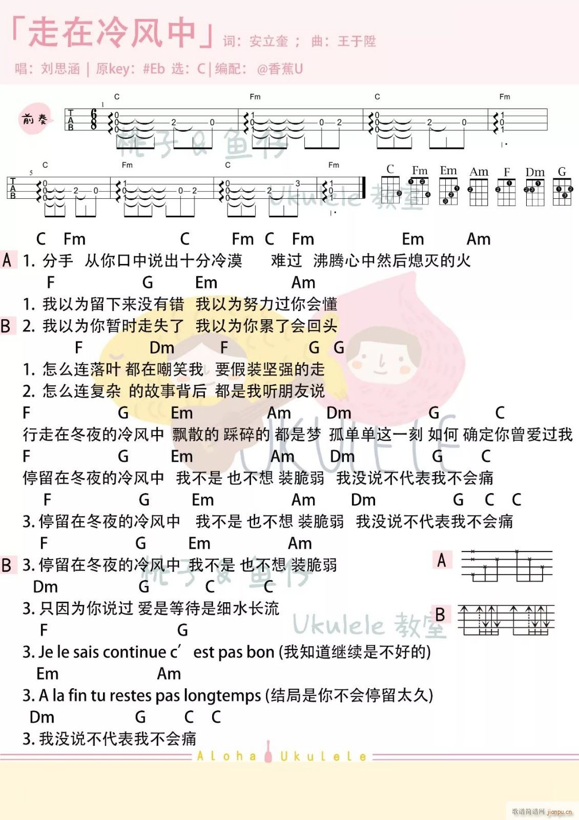 走在冷风中尤克里里谱 C调附前奏(十字及以上)1