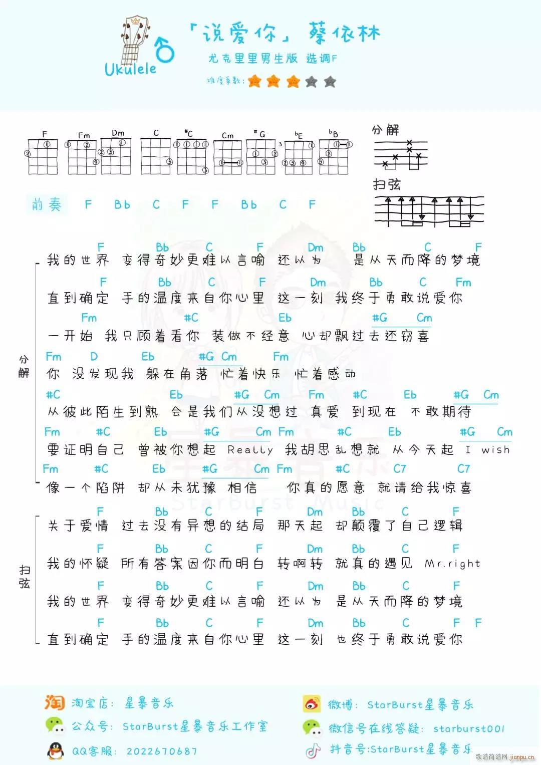说爱你尤克里里谱 F调简单版(十字及以上)1