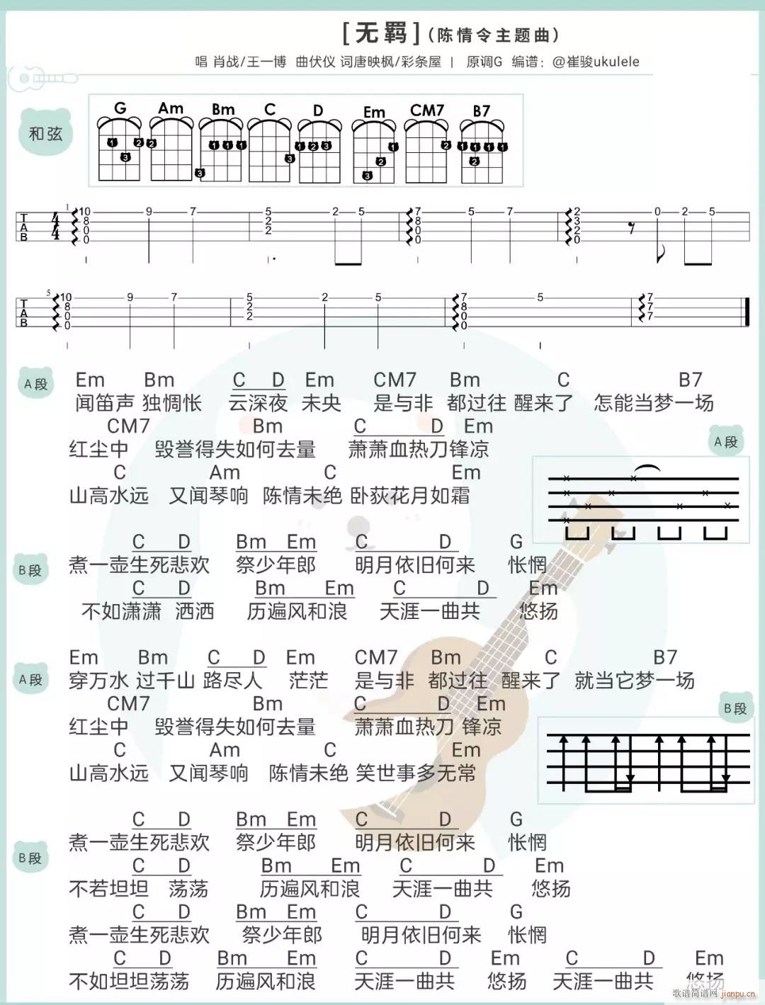 无羁尤克里里谱 G调带前奏版(十字及以上)1