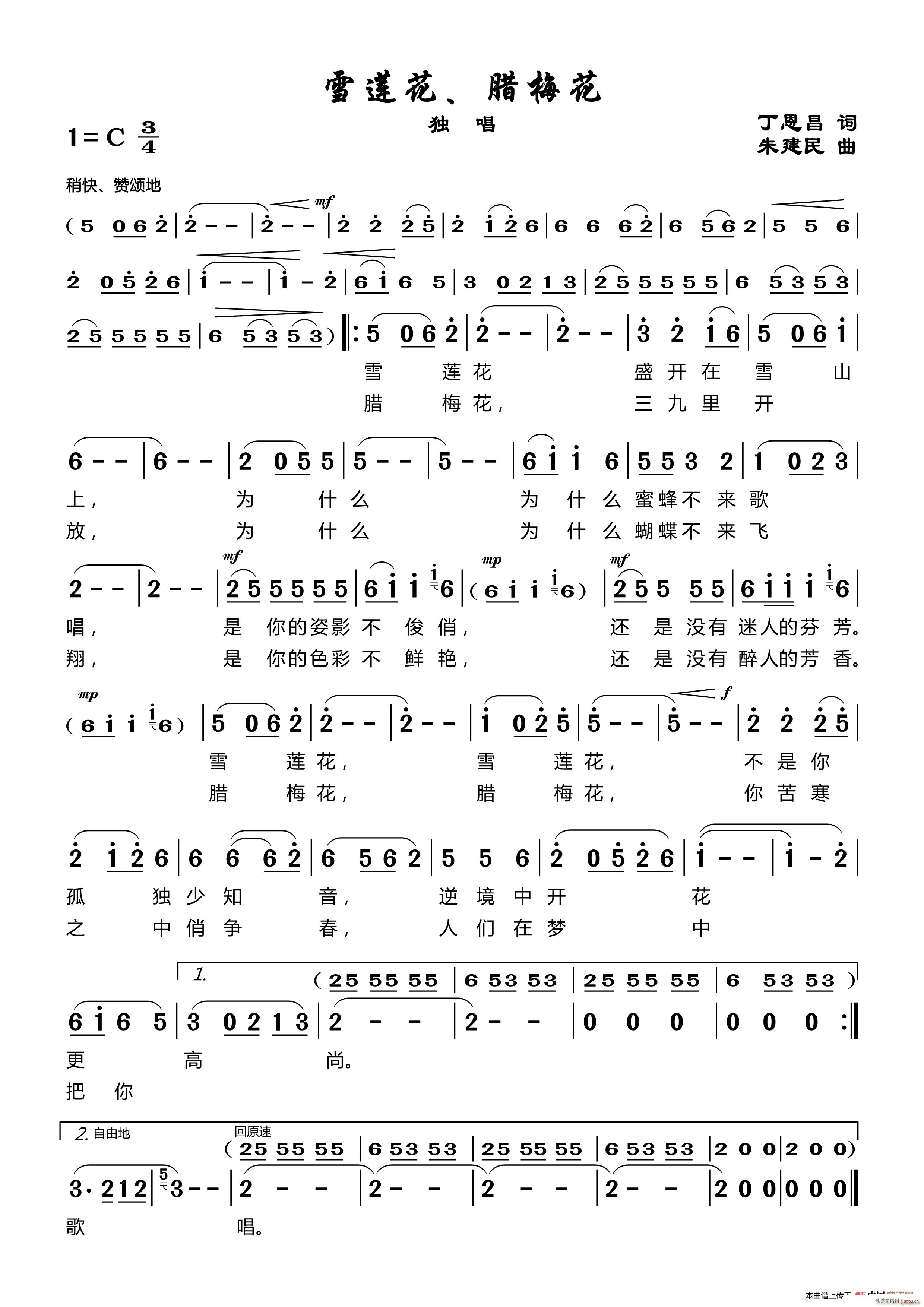 雪莲花腊梅花 朱建民曲(十字及以上)1