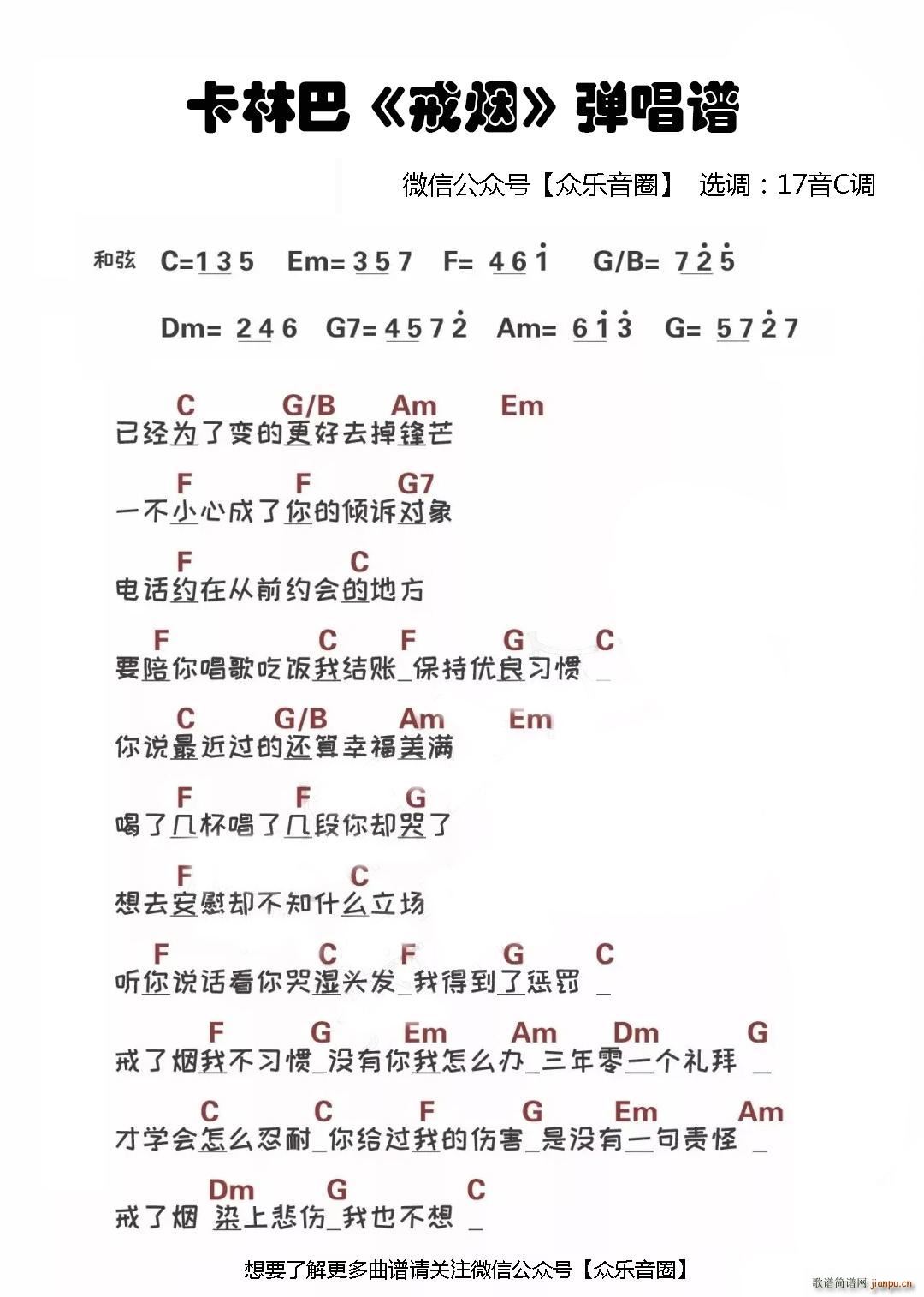 戒烟 拇指琴卡林巴琴弹唱谱(十字及以上)1