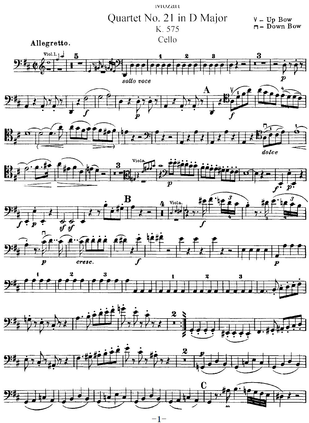 Mozart Quartet No 21 in D Major K 575 Cello(十字及以上)1