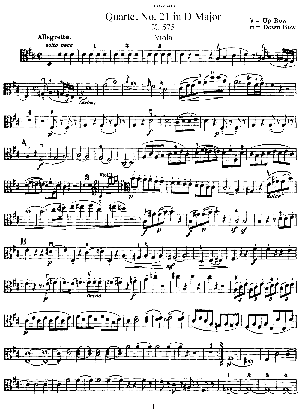 Mozart Quartet No 21 in D Major K 575 Viola(十字及以上)1