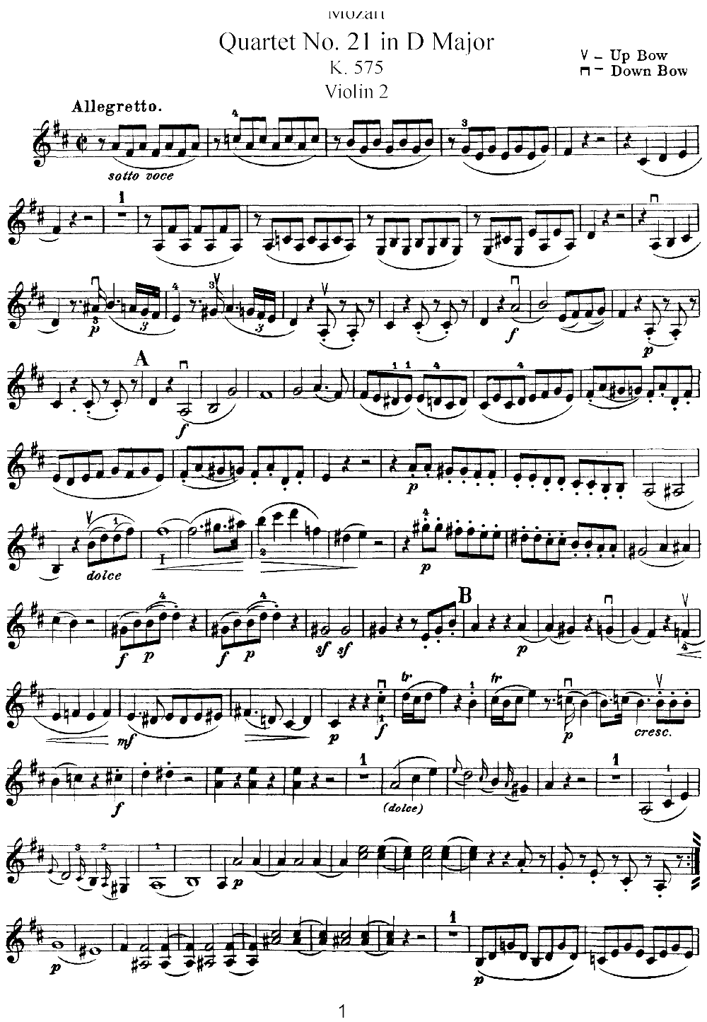 Mozart Quartet No 21 in D Major K 575 Violin 2(十字及以上)1