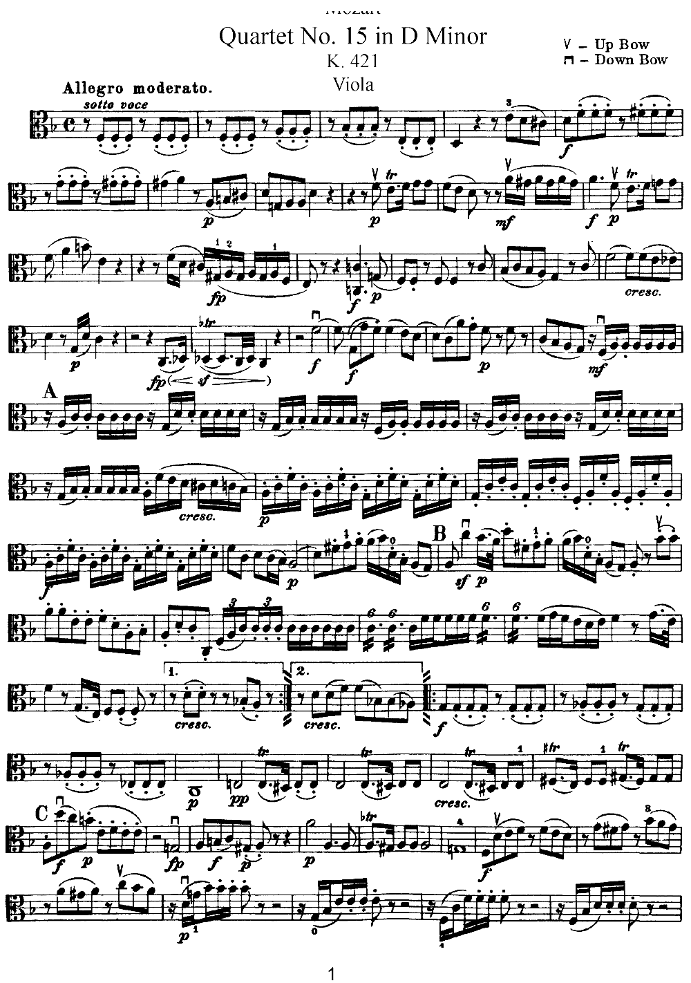 Mozart Quartet No 15 in D Minor K 421 Viola(十字及以上)1
