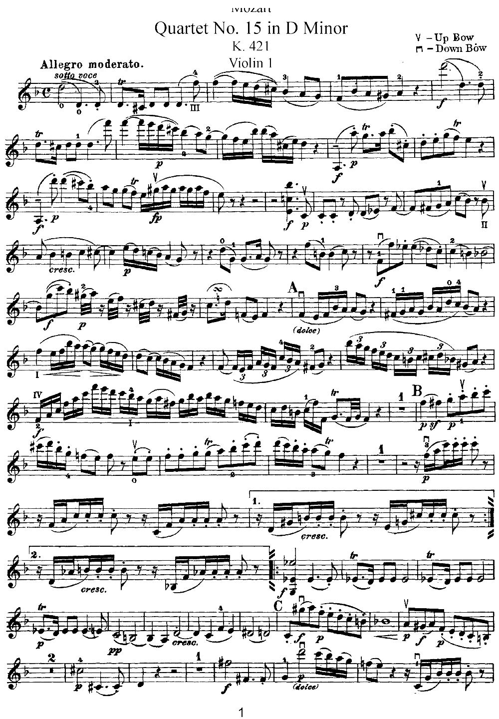 Mozart Quartet No 15 in D Minor K 421 Violin 1(十字及以上)1