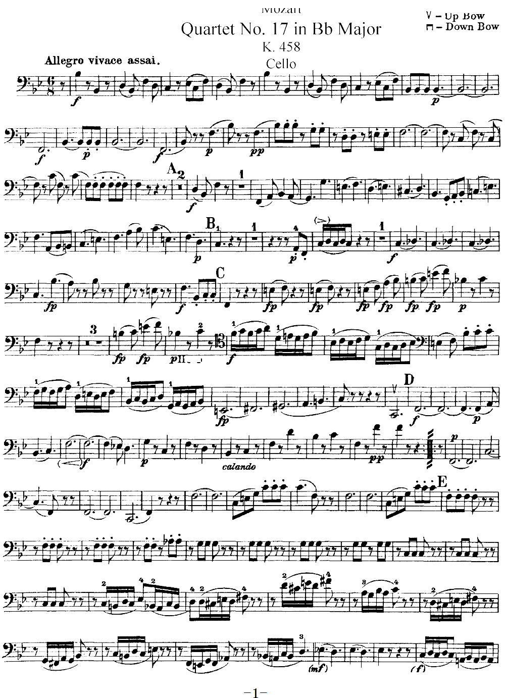Mozart Quartet No 17 in Bb Major K 458 Cello(十字及以上)1