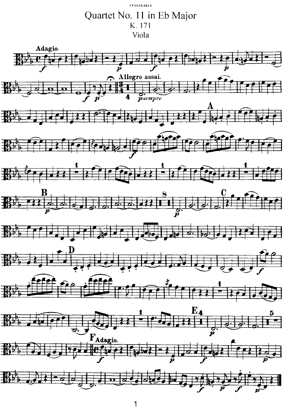 Mozart Quartet No 11 in Eb Major K 171 Viola(十字及以上)1