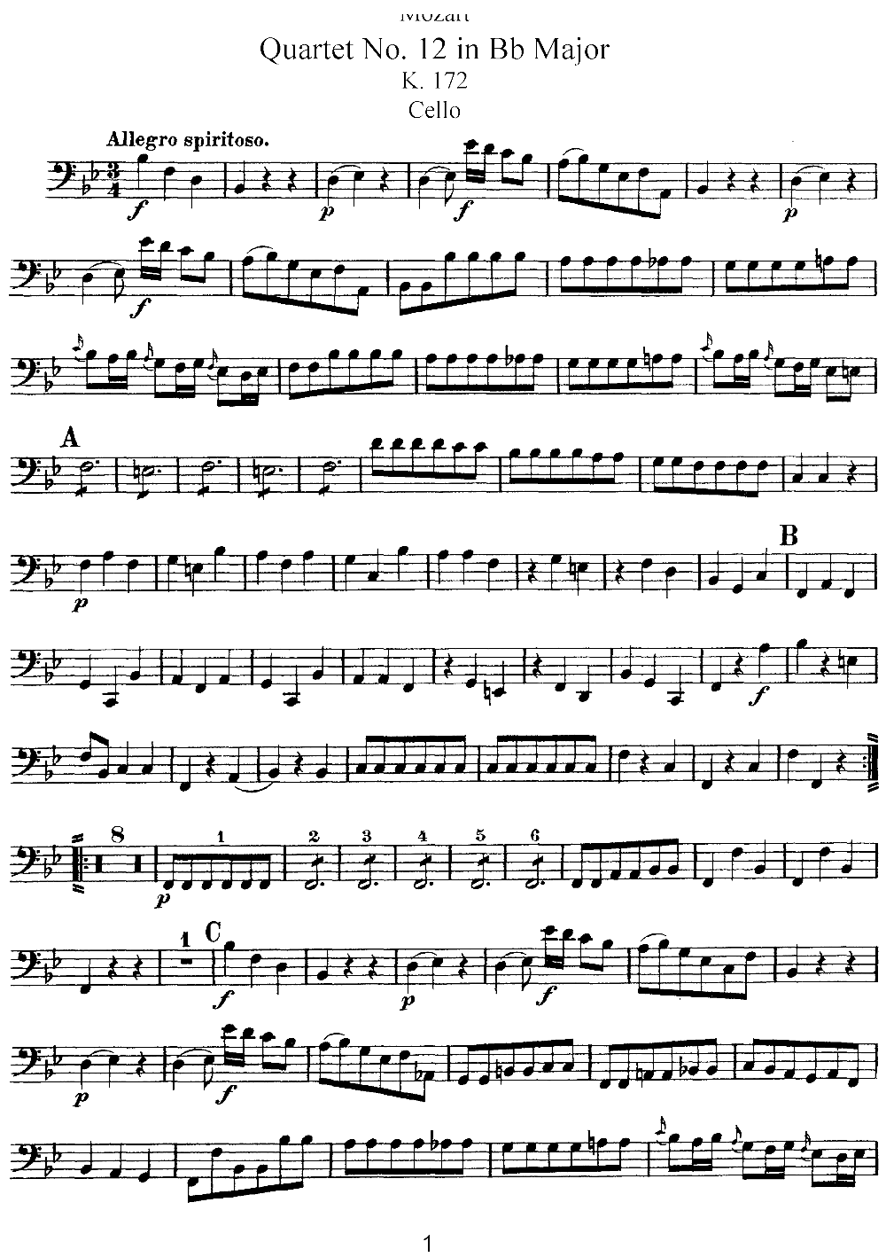 Mozart Quartet No 12 in Bb Major K 172 Cello(十字及以上)1