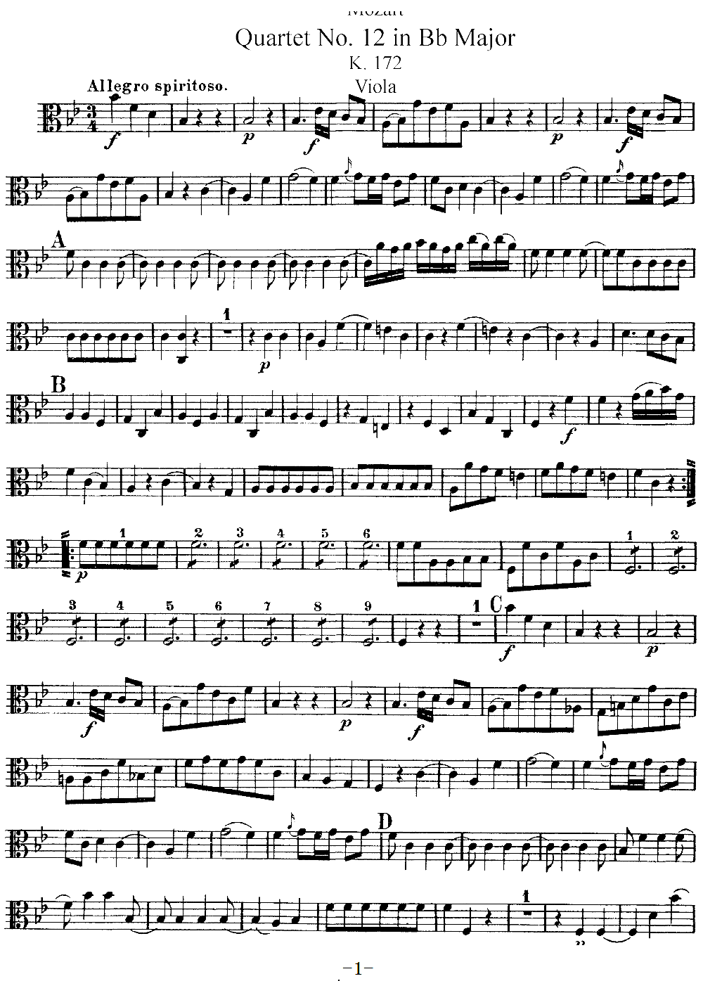 Mozart Quartet No 12 in Bb Major K 172 Viola(十字及以上)1