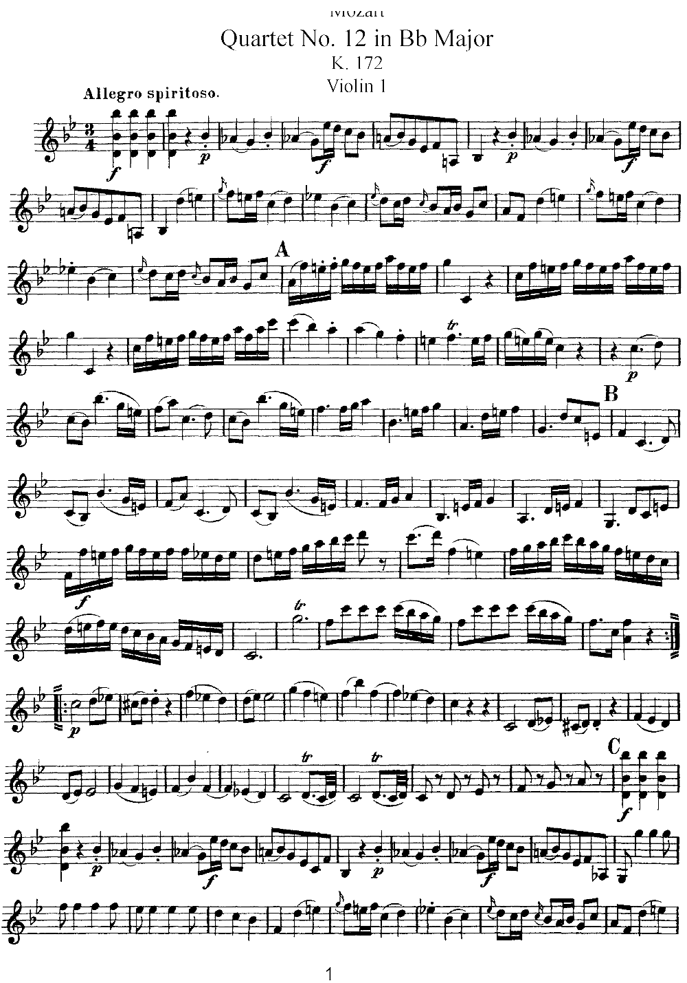 Mozart Quartet No 12 in Bb Major K 172 Violin 1(十字及以上)1