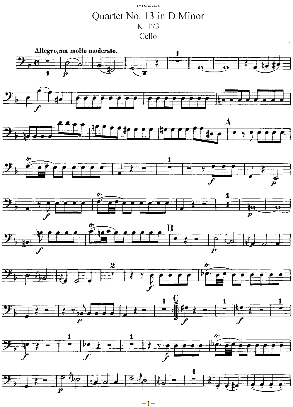 Mozart Quartet No 13 in D Minor K 173 Cello(十字及以上)1