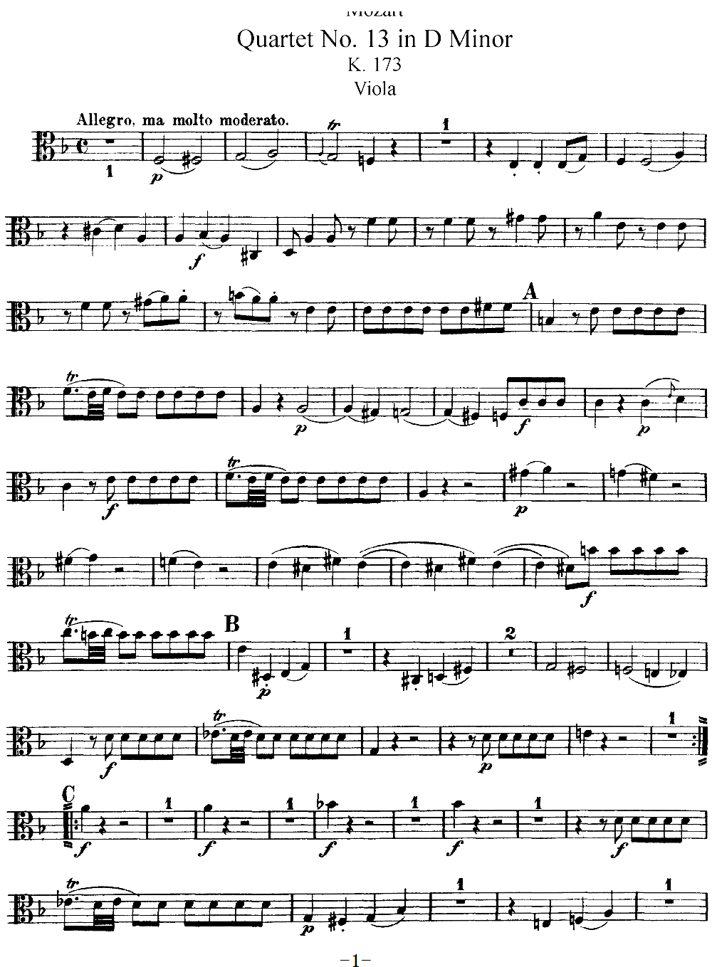 Mozart Quartet No 13 in D Minor K 173 Viola(十字及以上)1