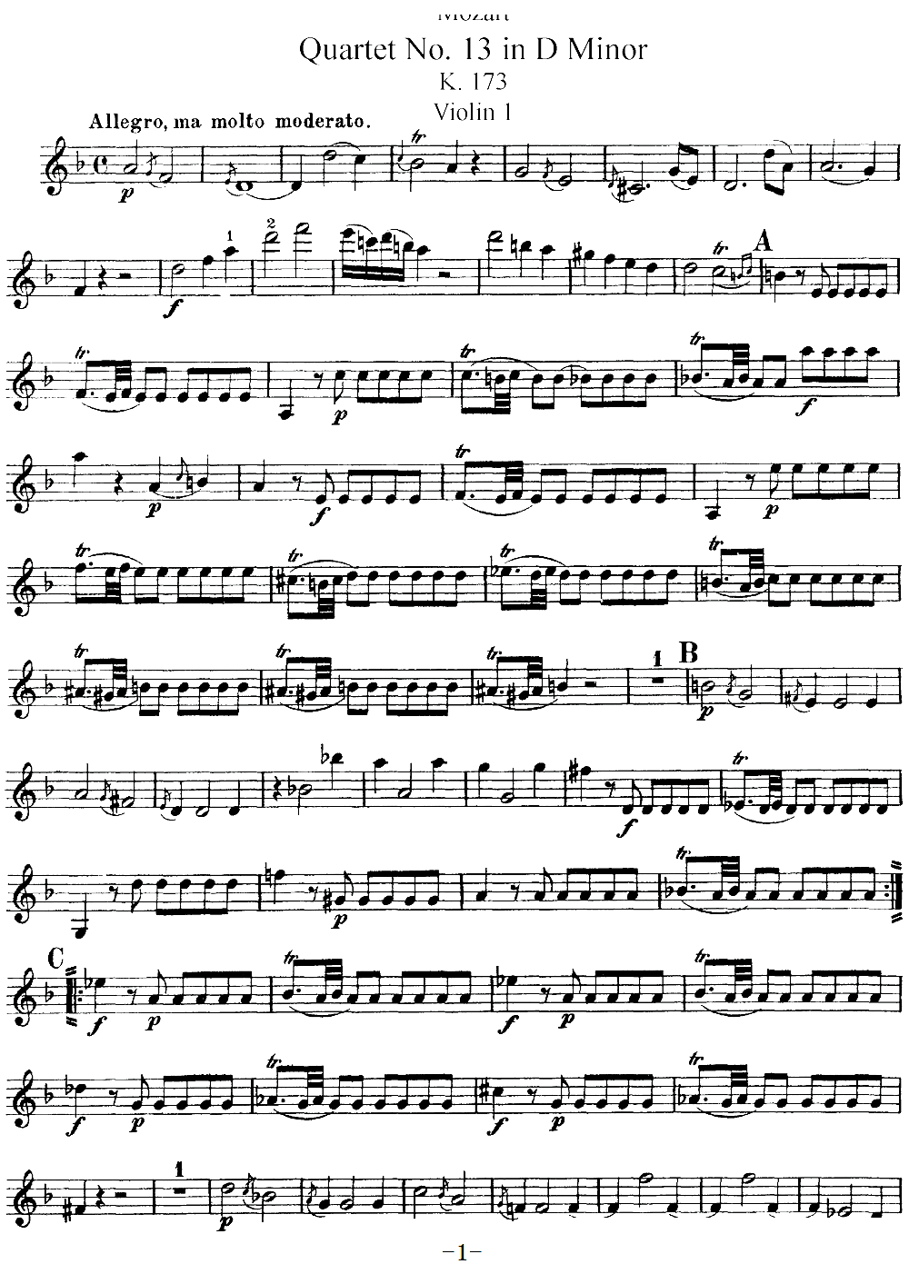Mozart Quartet No 13 in D Minor K 173 Violin 1(十字及以上)1