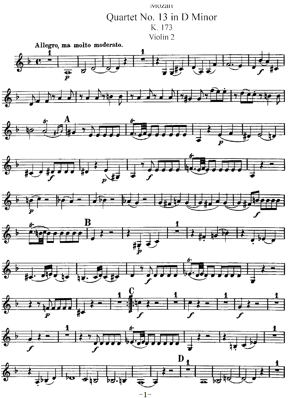 Mozart Quartet No 13 in D Minor K 173 Violin 2(十字及以上)1