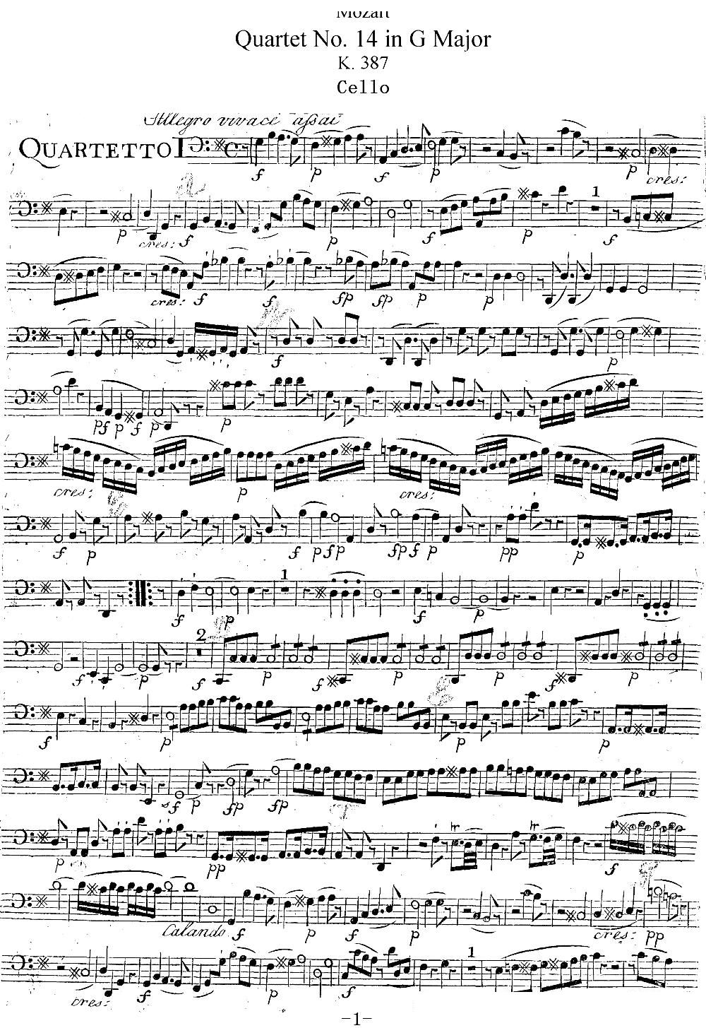 Mozart Quartet No 14 in G Major K 387 Cello(十字及以上)1