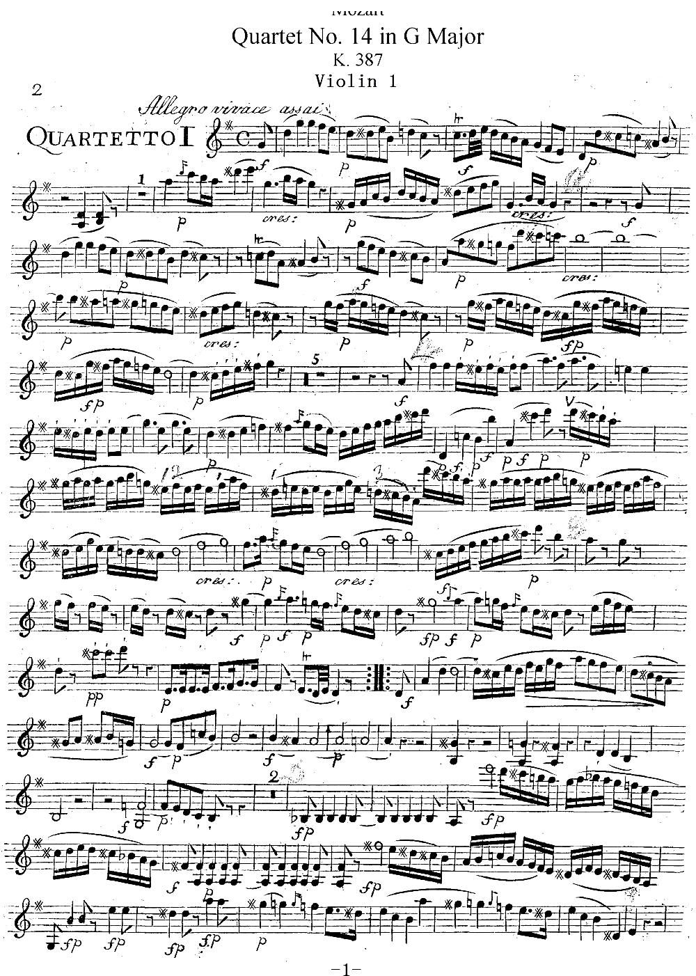 Mozart Quartet No 14 in G Major K 387 Violin 1(十字及以上)1