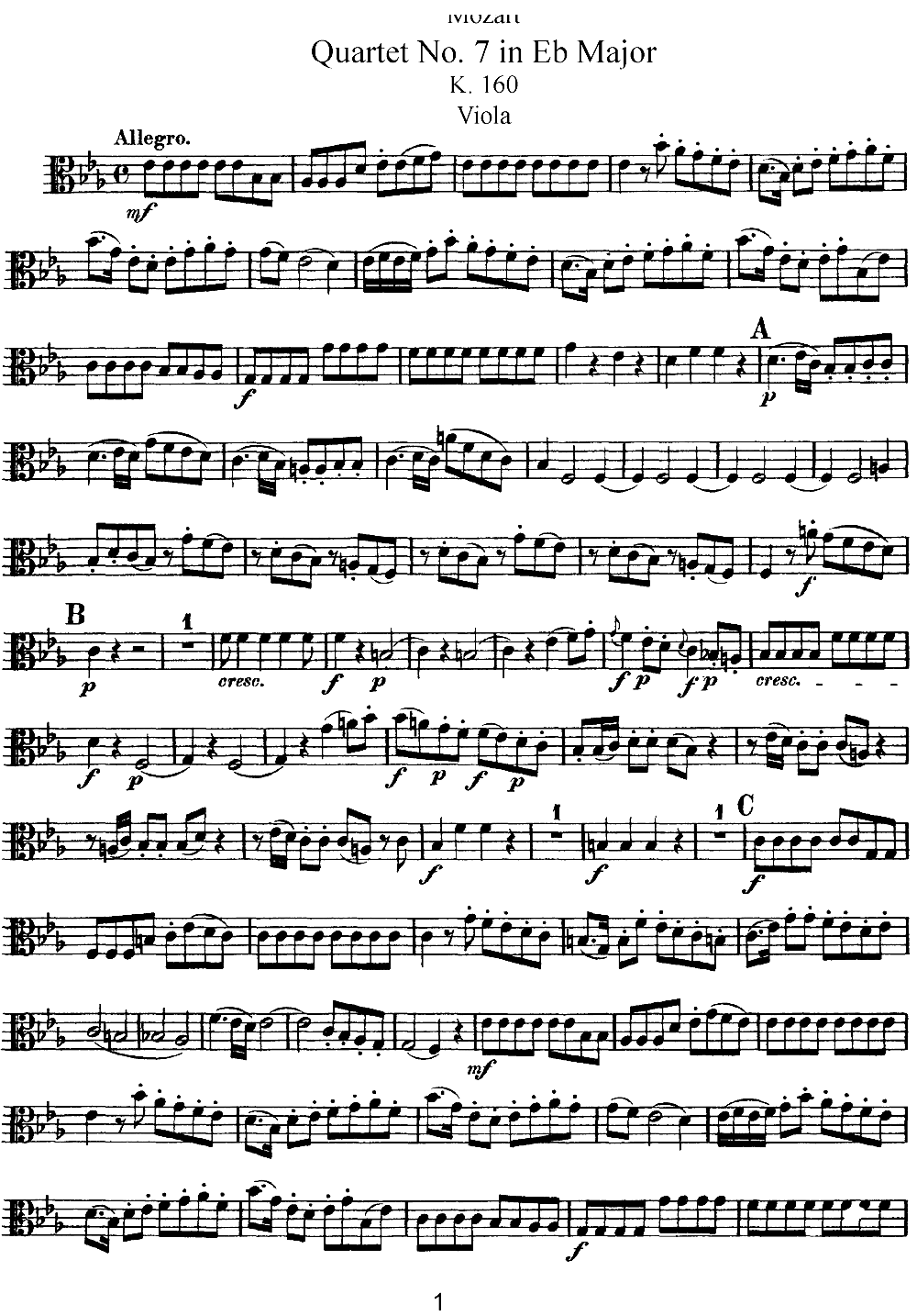 Mozart Quartet No 7 in Eb Major K 160 Viola(十字及以上)1