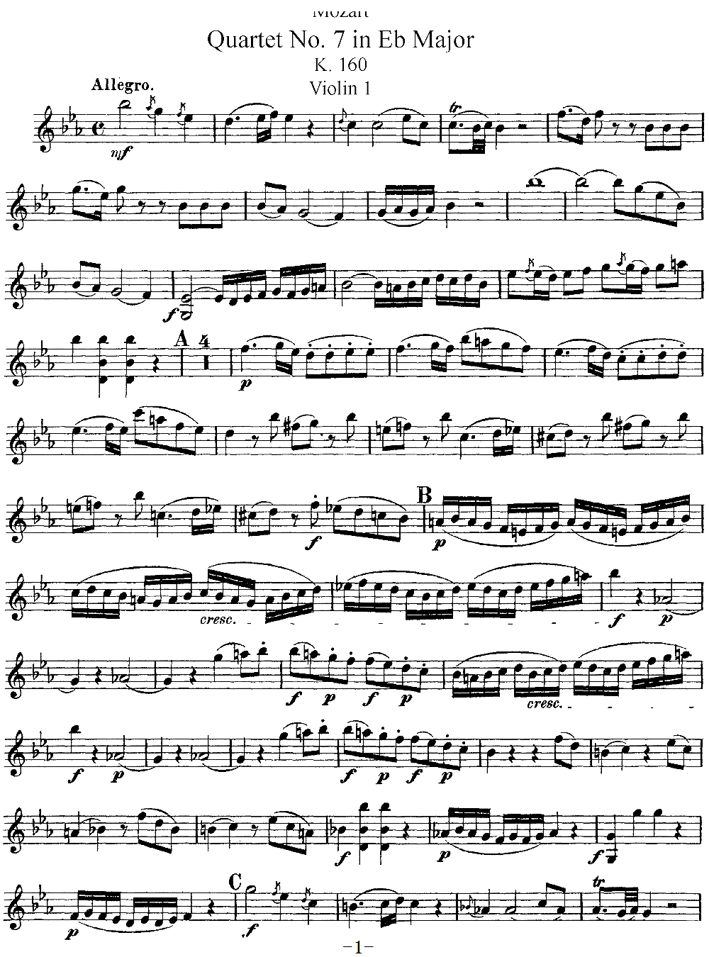 Mozart Quartet No 7 in Eb Major K 160 Violin 1(十字及以上)1